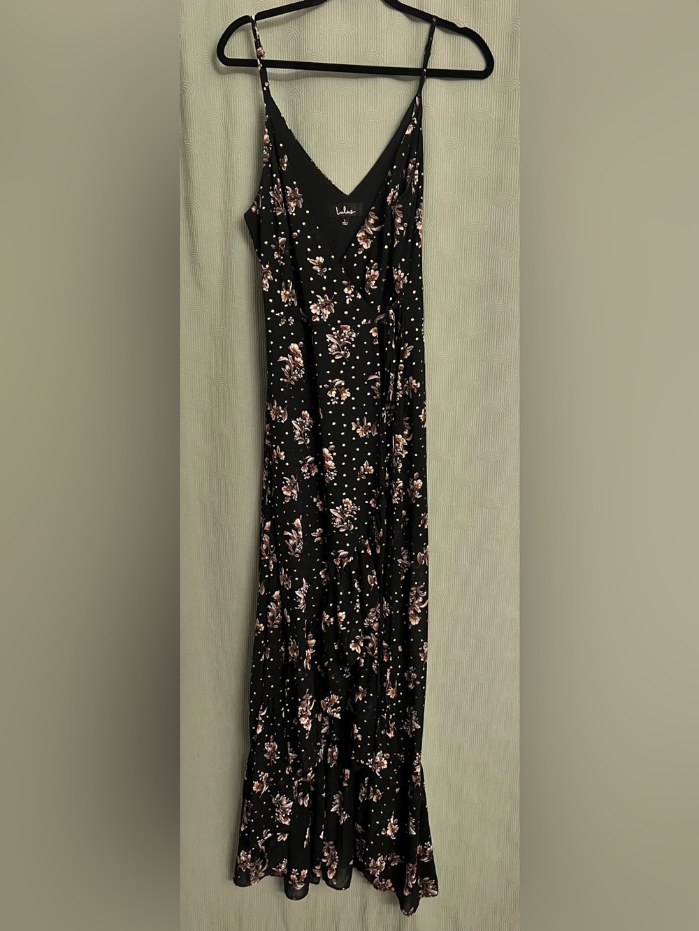 Lulu's Black Wrap Dress with Pink Floral Print and Gold Foil